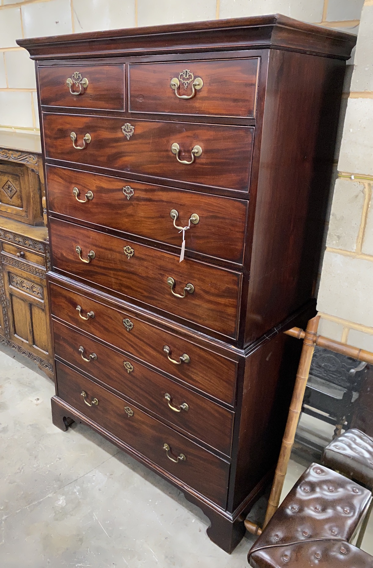 A George III mahogany chest on chest, width 112cm, depth 59cm, height 181cm